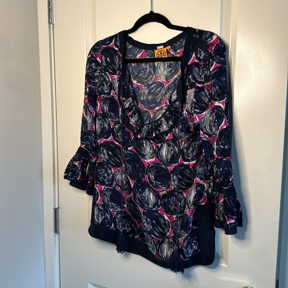 Tory Burch Navy Blue Pink Burnout Floral Print Ruffle Tunic Top Blouse S… - Picture 1 of 10